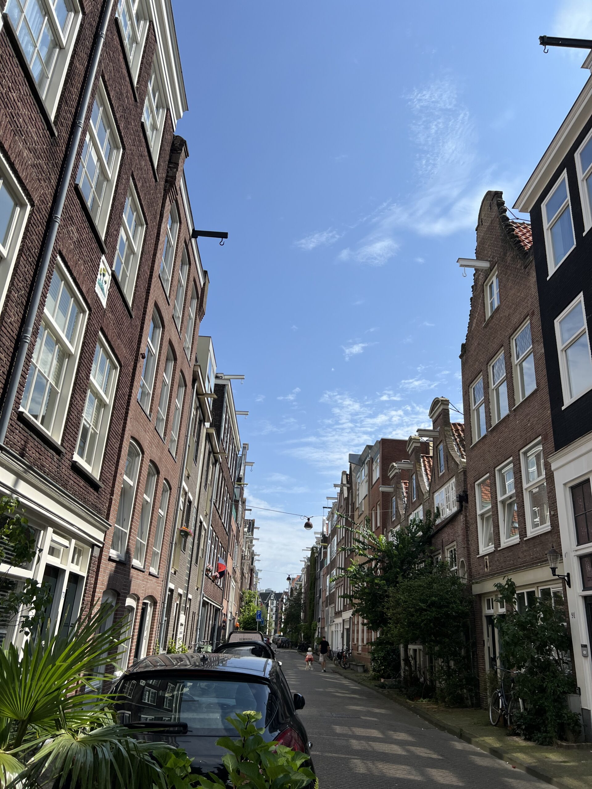Sunny day on a narrow street in Amsterdam lined with traditional Dutch brick houses and parked bicycles.